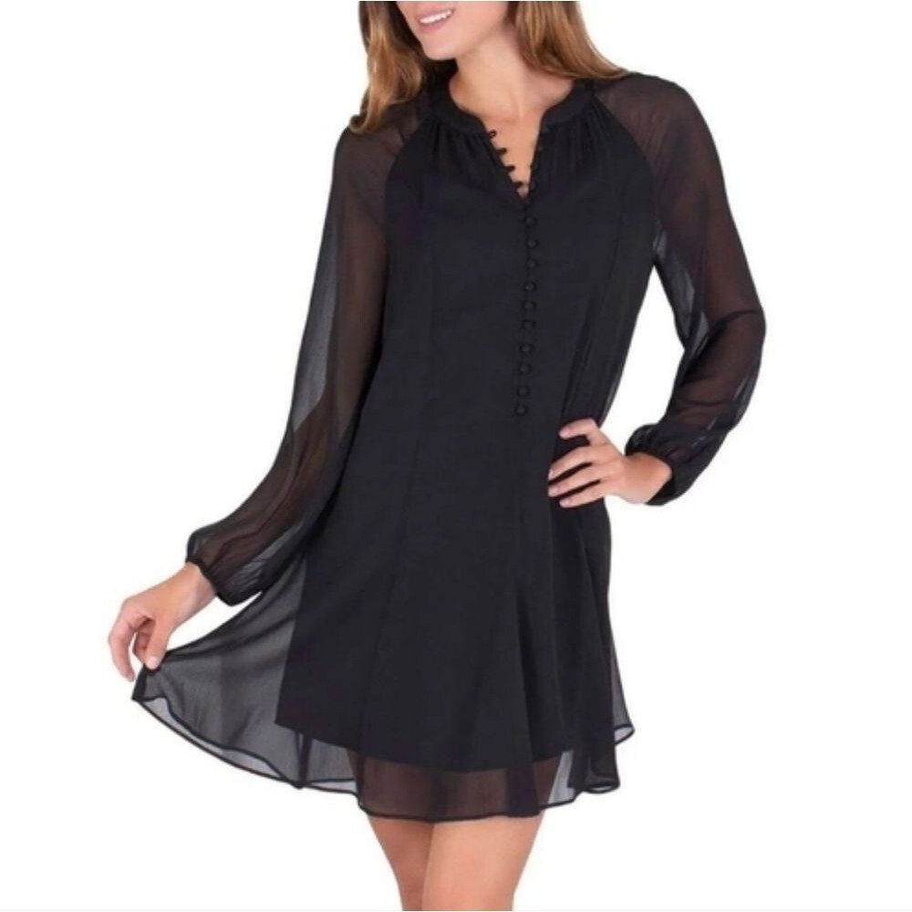 Joie Plus Size Black Long Sleeve Button-Up Caviar Semi-Sheer Mini Dress XXL